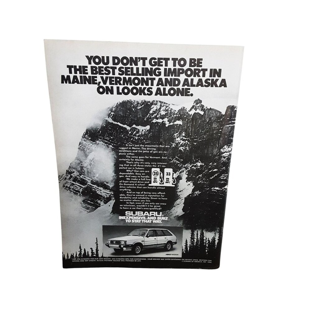 Vintage Subaru Wagon Ad “Best Selling Import” 1980s 4WD Print Mountain Scene
